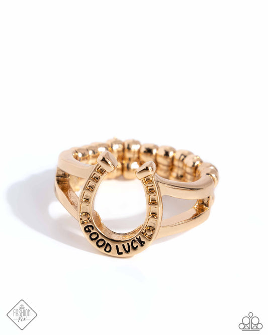 Luck Be A LEADER - Gold Horseshow "Good Luck" Ring Sunset Sightings Fashion Fix July 2024 Paparazzi R0890