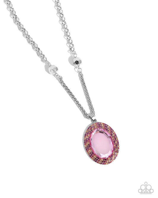 Manufactured Majesty - Pink Reflective Oversized Oval Pendant & Light Peach, Rose, Fuchsia, Amethyst Rhinestone Necklace Paparazzi N3310