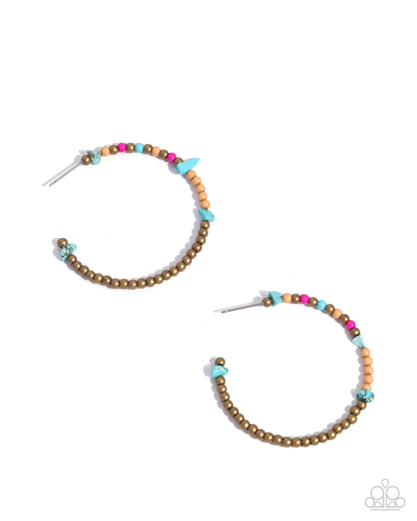Paparazzi Pointed Promise - Brass Bead, Turquoise Stone Colorful Seed Bead 1 3/4 Inch Hoop Santa Fe Style Earrings E3322