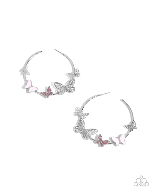 Aerial Allegiance - Pink & Silver Butterfly 2 1/2 Inch Hoop Earring Paparazzi E2768