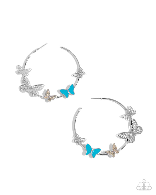 Aerial Allegiance - Multi Blue Capri Silver & White Rhinestone Butterfly 2 1/2 Inch Hoop Earring Paparazzi E2857