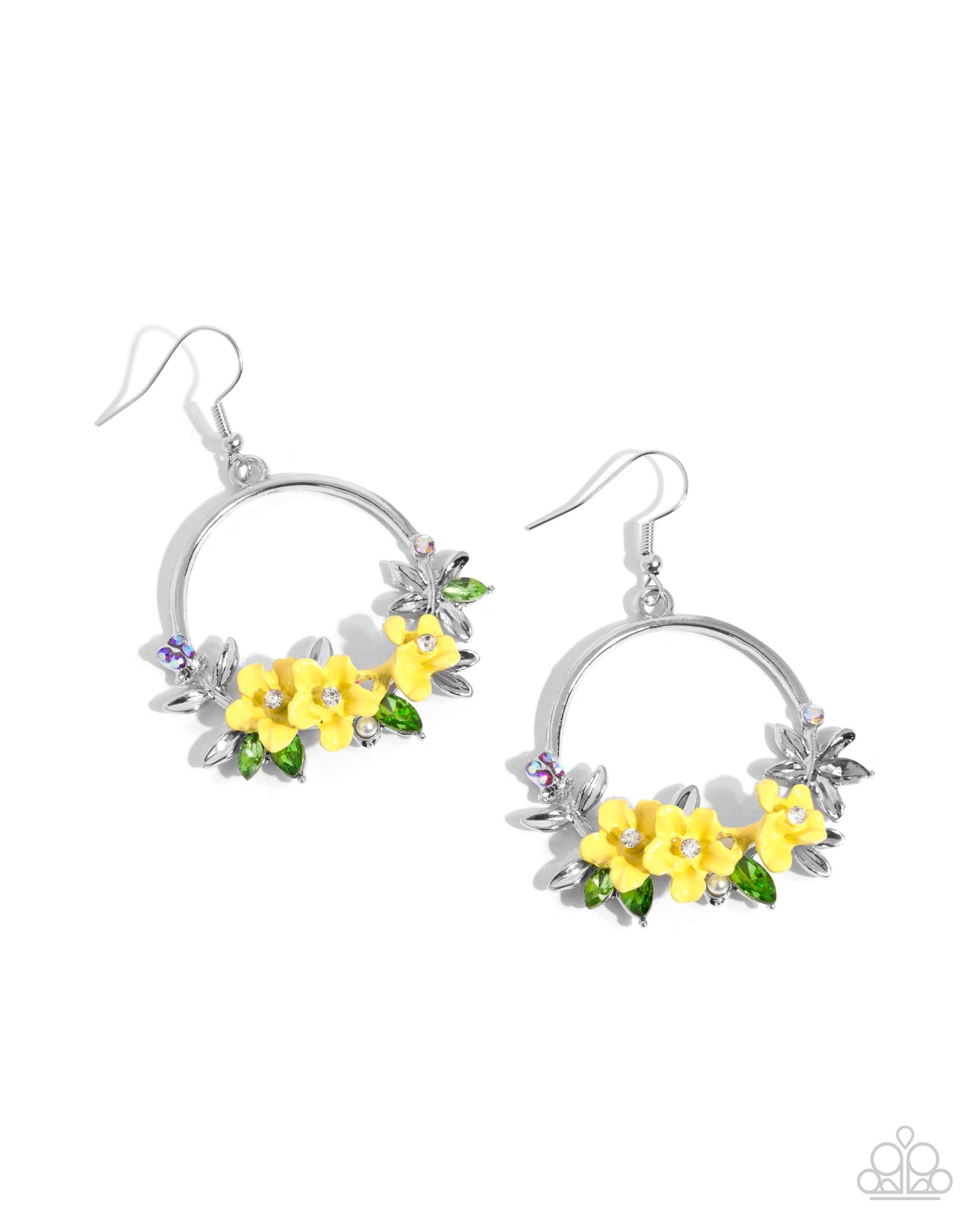 Fairy Freestyle - Yellow Painted Flower, White & Iridescent Rhinestone Earring Paparazzi E2494