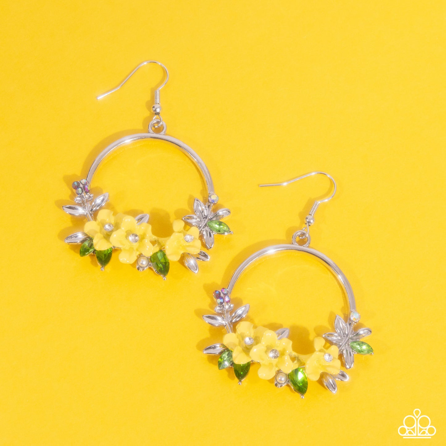Fairy Freestyle - Yellow Painted Flower, White & Iridescent Rhinestone Earring Paparazzi E2494