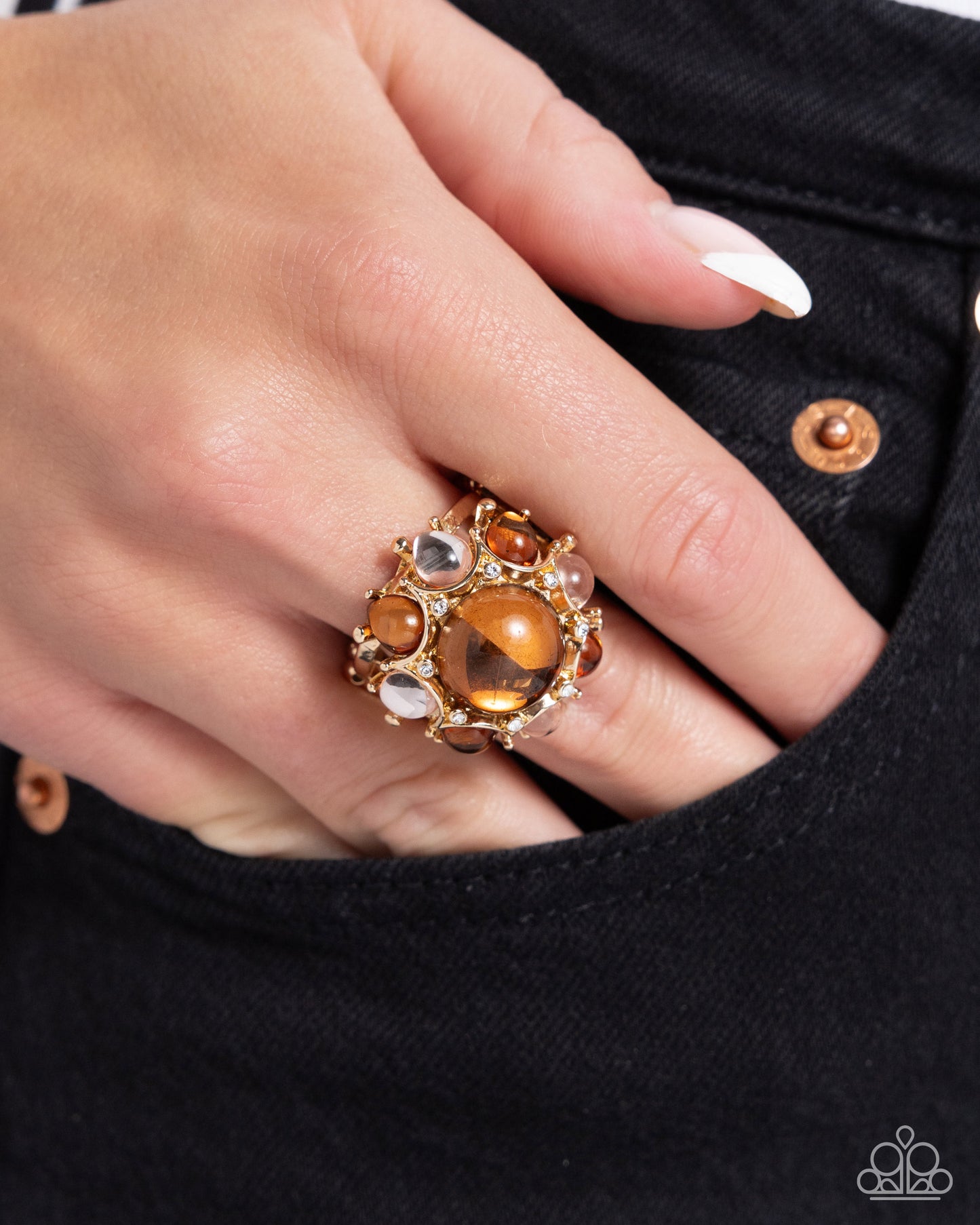 Clear Comfort - Brown - Light Brown, White, Light Peach, Tea & Gold Ring Paparazzi R0824