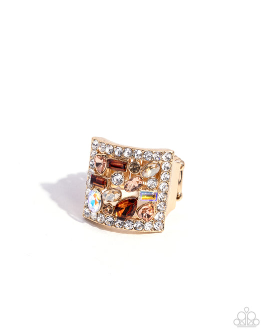 Framed Finesse - Brown Multicolored Gem & Rhinestone Ring Paparazzi R0742