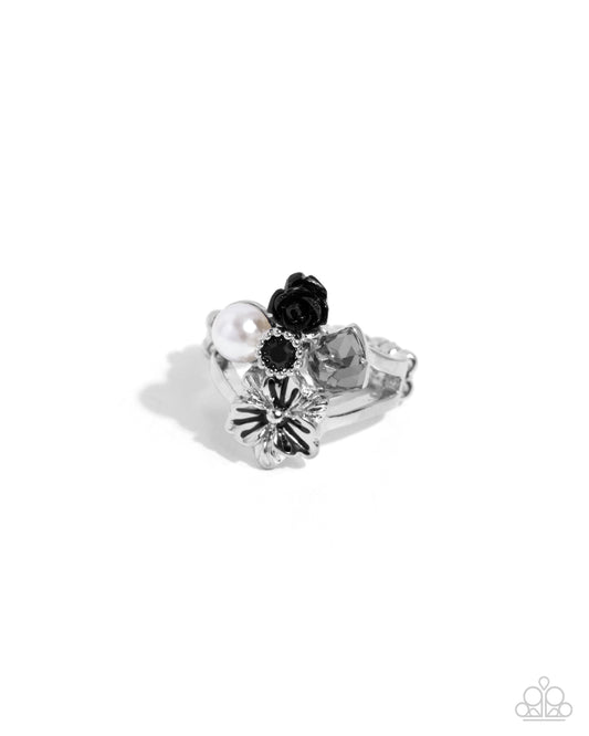 Gardening Gang - Black Resin Flower & Silver Flower Ring Paparazzi R1047