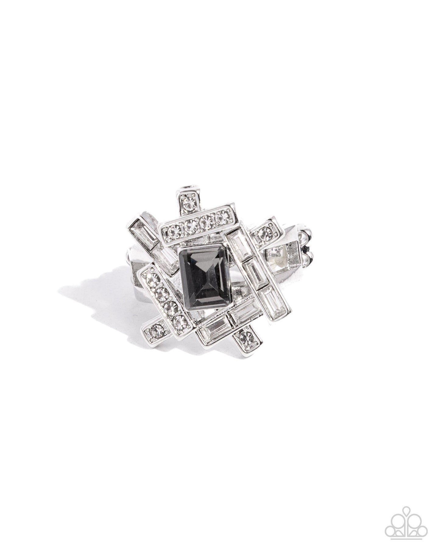 Tastefully Tilted - Silver Smoky & White Rhinestone Gem Ring Paparazzi R0870