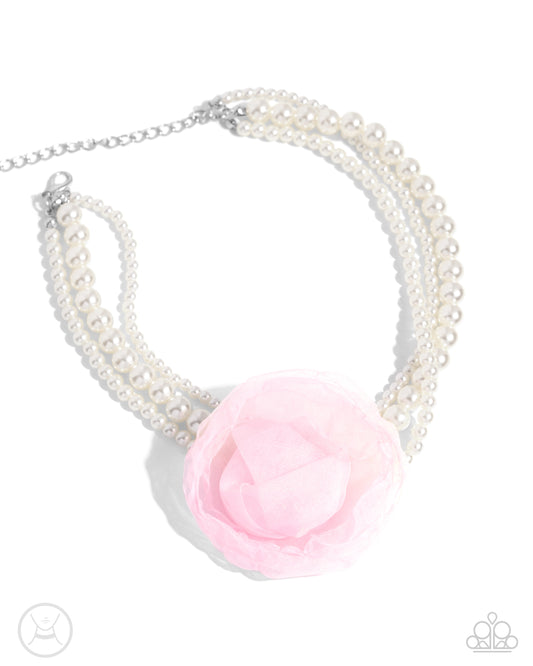 Radiant Rosette - Pink -Baby Pink Tulle Rosette White Pearly Strand Choker Necklace Paparazzi N2757
