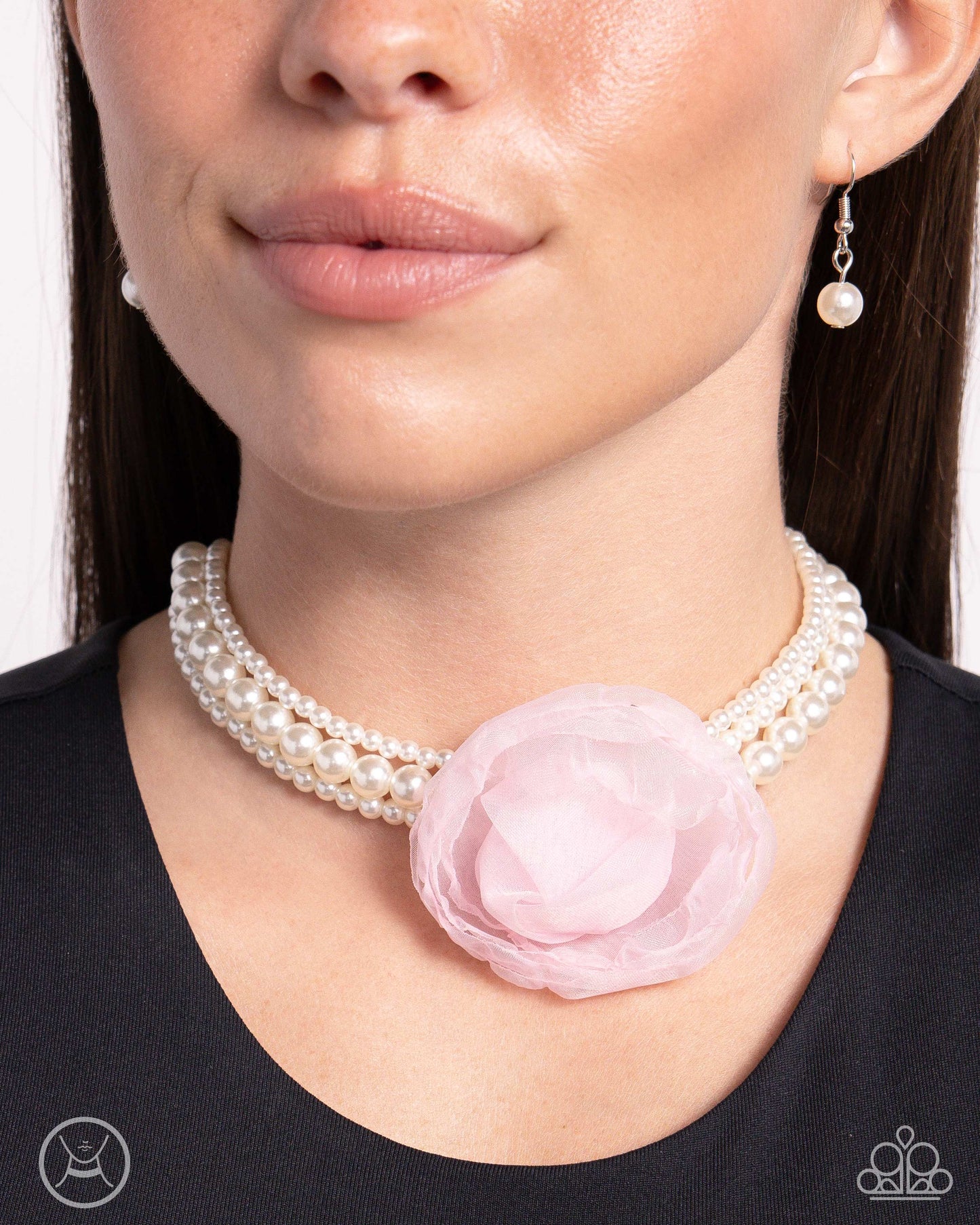 Radiant Rosette - Pink -Baby Pink Tulle Rosette White Pearly Strand Choker Necklace Paparazzi N2757