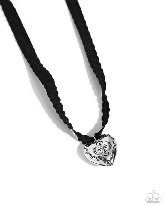 Fabricated Finesse - Black Scalloped Ribbon & Vintage Silver Heart Pendant Necklace Paparazzi N3300