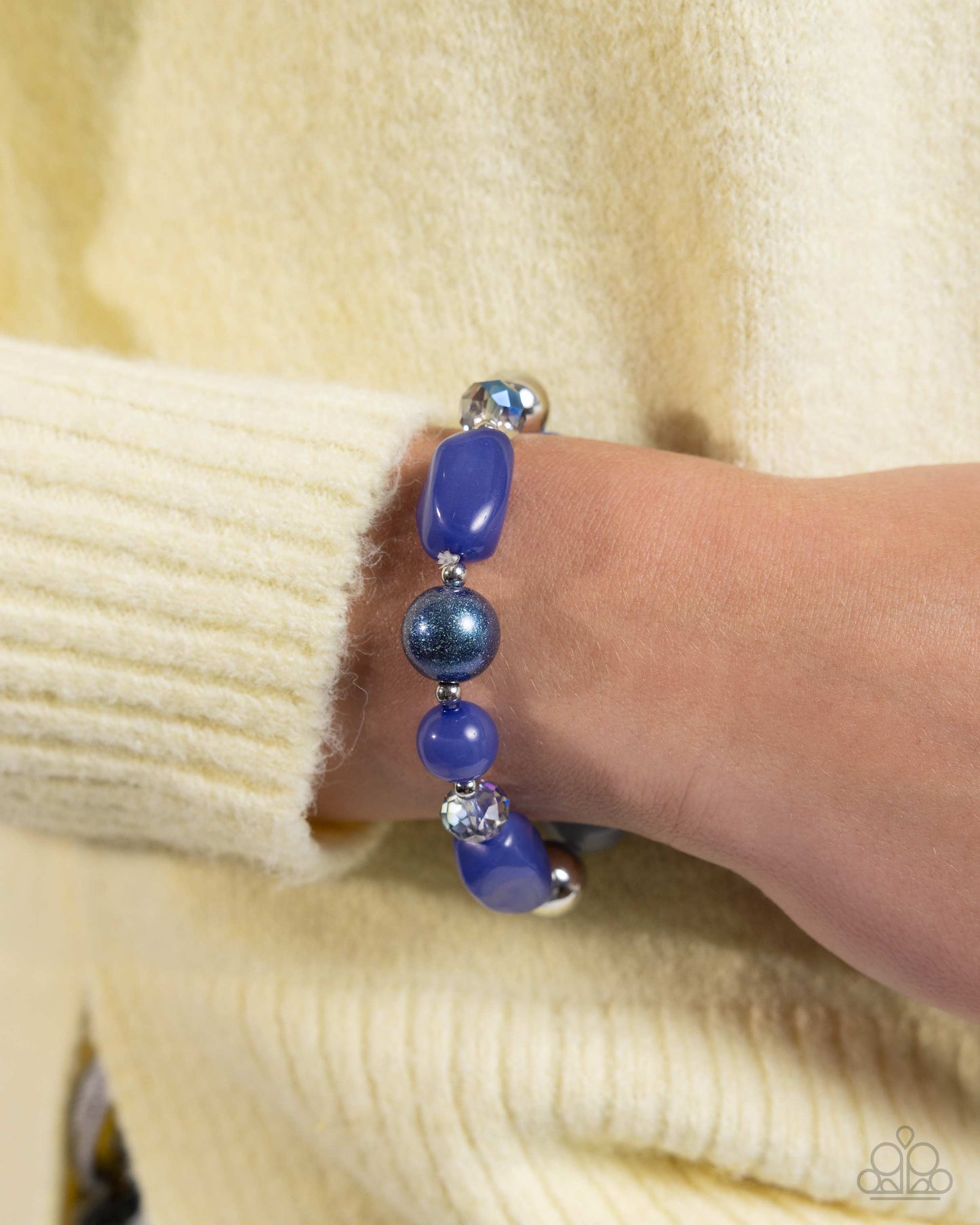 Beaded Backing - Blue Chambray, Marlin, Silver & Glittery Blue Bead Stretch Bracelet Paparazzi B2290