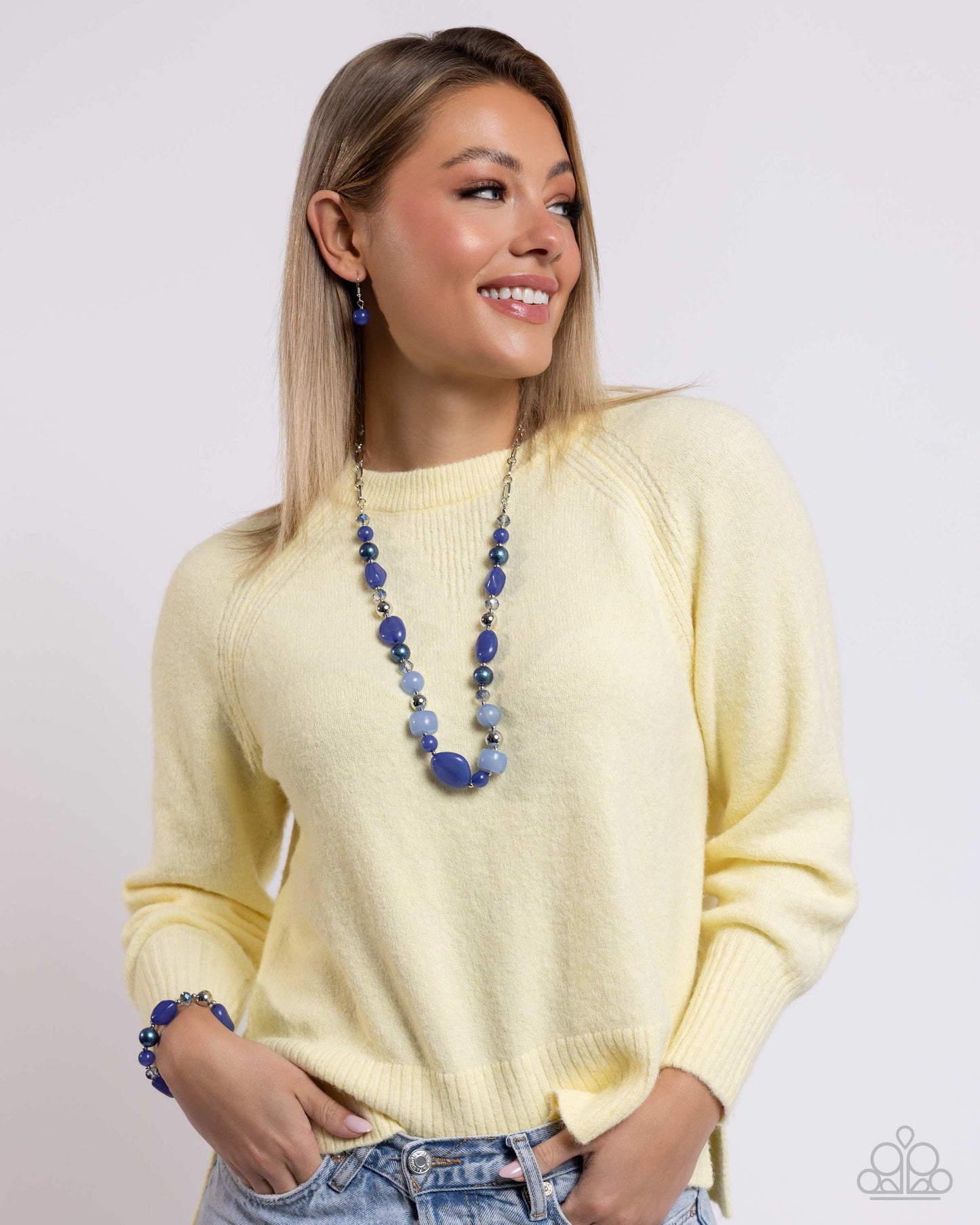 Beaded Backing - Blue Chambray, Marlin, Silver & Glittery Blue Bead Stretch Bracelet Paparazzi B2290