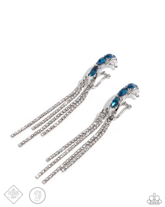 Feminine Fascination - Blue Gem & White Rhinestone Ear Cuff Fashion Fix Fiercely 5th Avenue July 2024 Paparazzi E