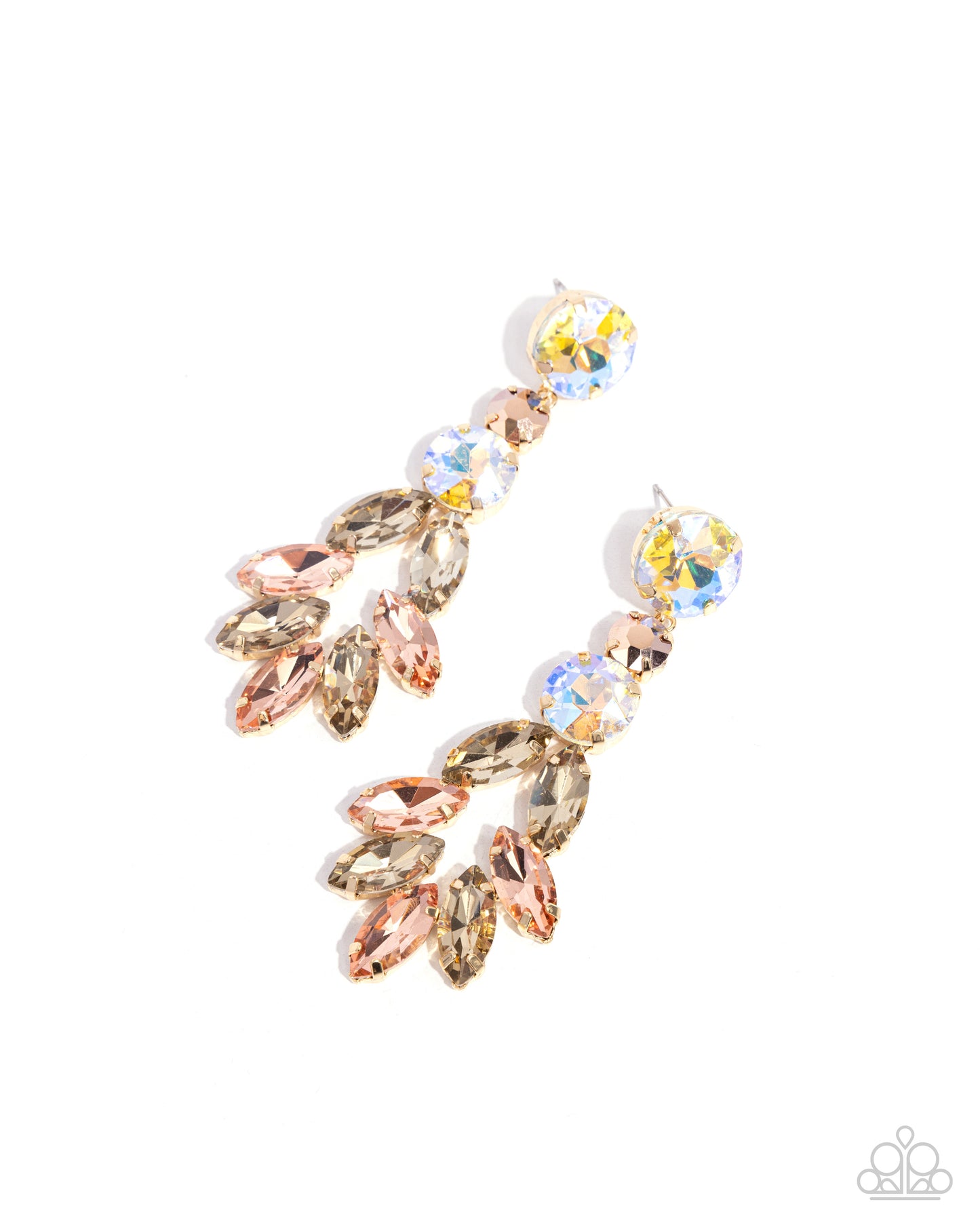 Cascading Cache - Gold UV Antiqued Gold Gem & Champagne, Peach Finish Gem Earring Paparazzi E2504