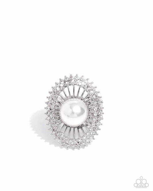 Ornamental Outline - White Rhinestone & Pearl Statement Ring Paparazzi R0922