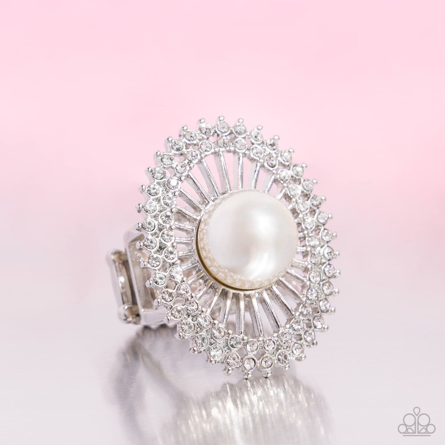Ornamental Outline - White Rhinestone & Pearl Statement Ring Paparazzi R0922