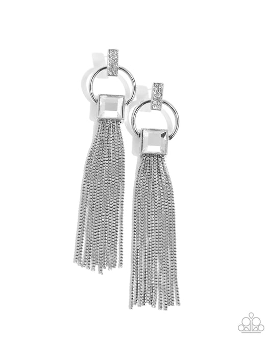 Softly Streamlined - White Rhinestone Silver Fitting & Silver Box Chain Chandelier Style Earring Paparazzi