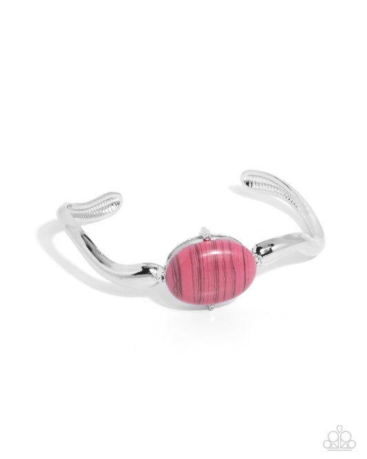 Striped Sensation - Pink Striped Oval Bead Silver Cuff Bracelet Paparazzi B1567