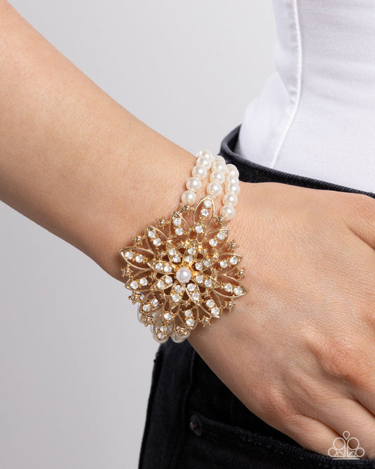 Flattering Floral - Gold Flower White Pearl Stretch Bracelet Paparazzi B1947