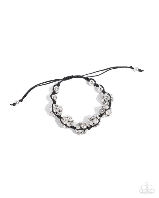 Knotted Kindness - Black Knotted String & White Rhinestone Encrusted Ornament Sliding Knot Bracelet Paparazzi B2149