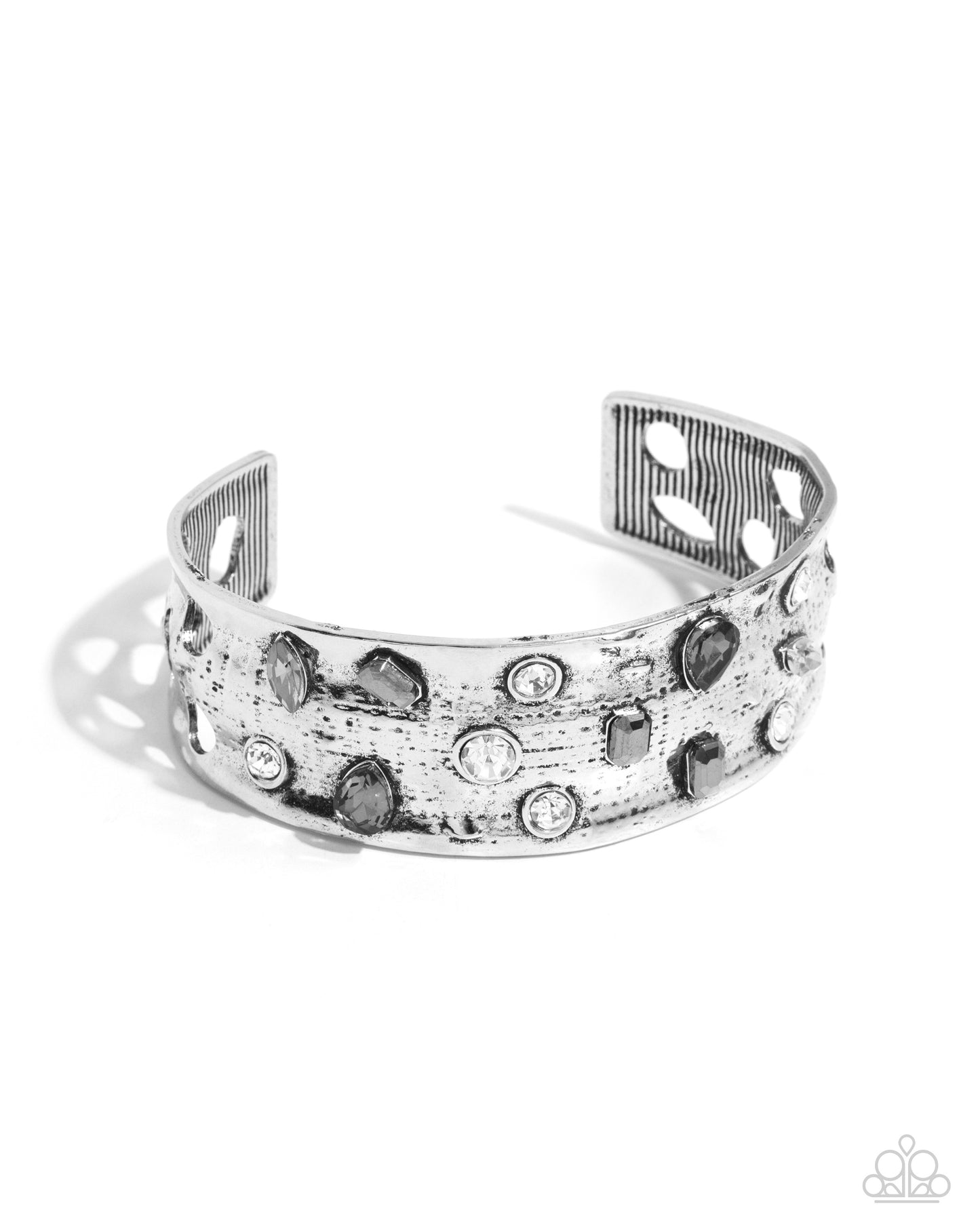 Embellished Empire - Silver Antiqued Hammered & White, Smoky, Hematite Gem Cuff Bracelet Paparazzi B2190