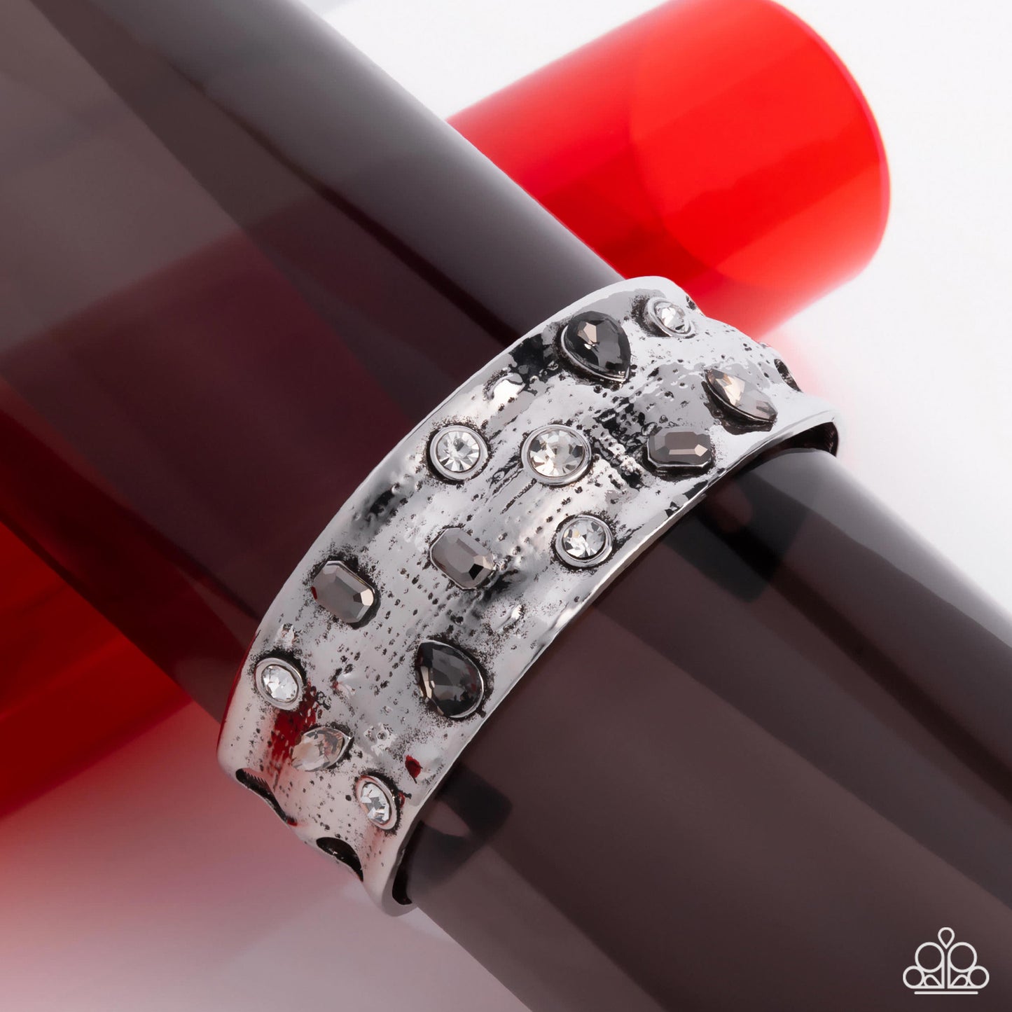 Embellished Empire - Silver Antiqued Hammered & White, Smoky, Hematite Gem Cuff Bracelet Paparazzi B2190