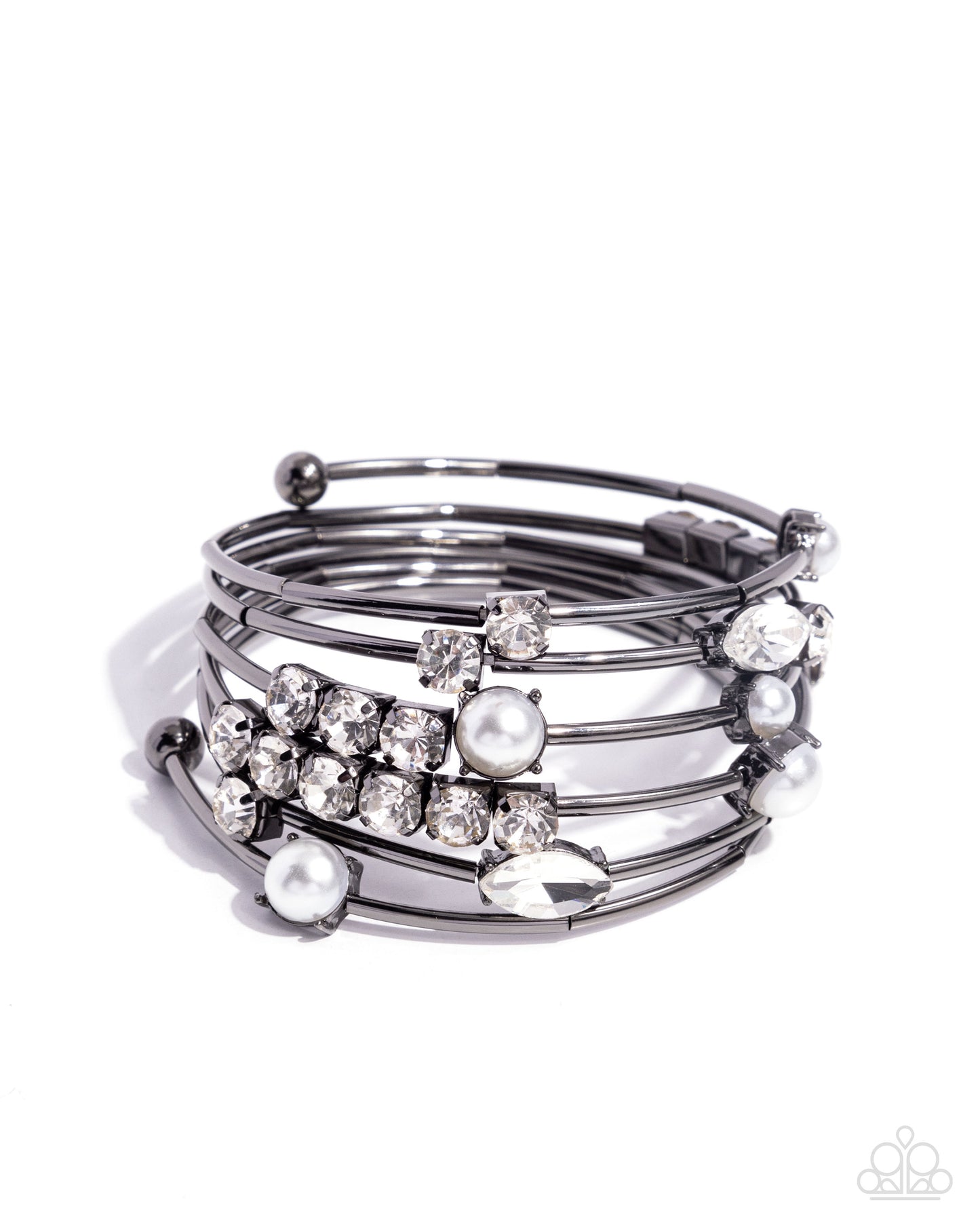 Showtime Sparkle - Black Gunmetal, White Gem & Pearl Coil Bracelet Paparazzi B2006