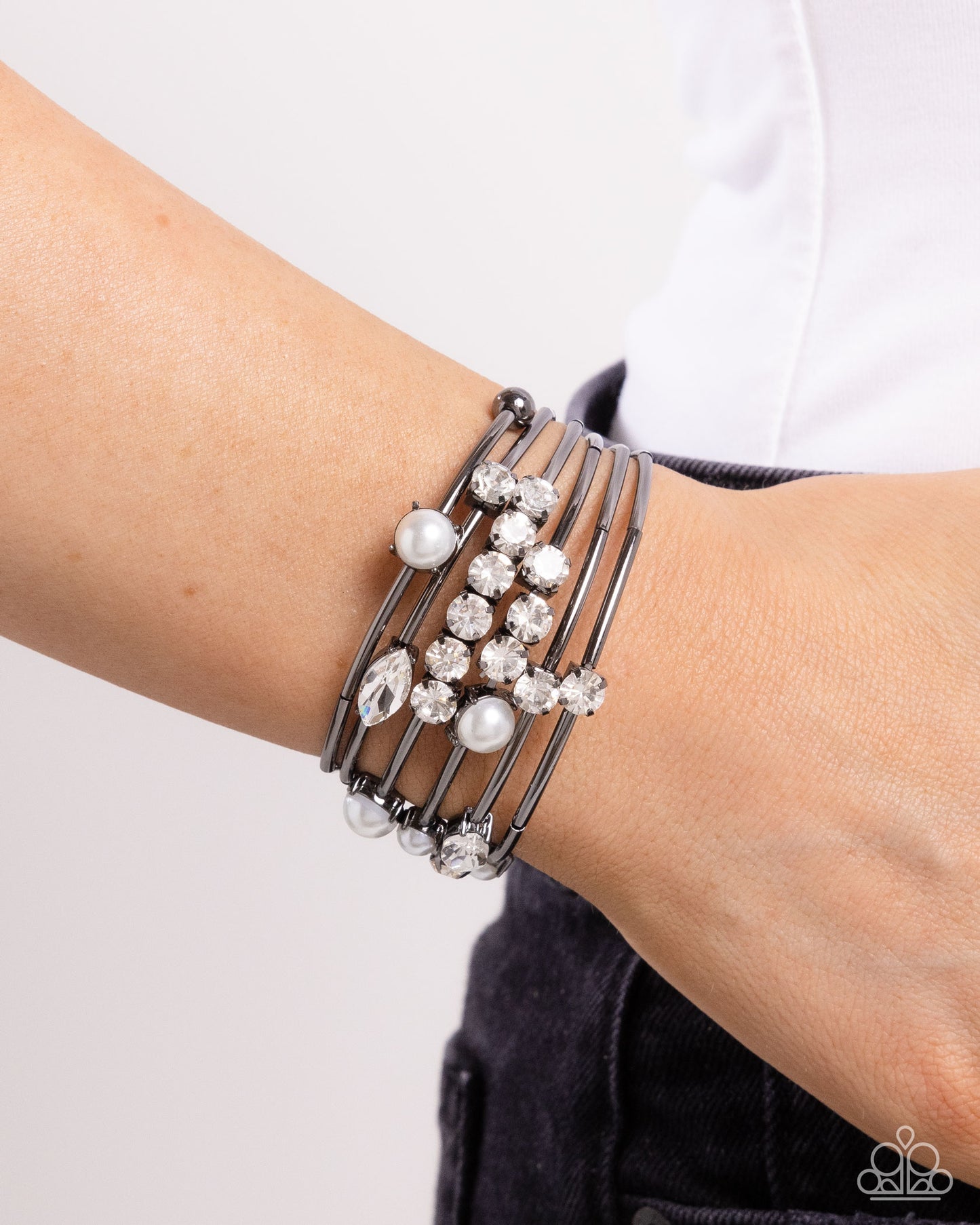 Showtime Sparkle - Black Gunmetal, White Gem & Pearl Coil Bracelet Paparazzi B2006