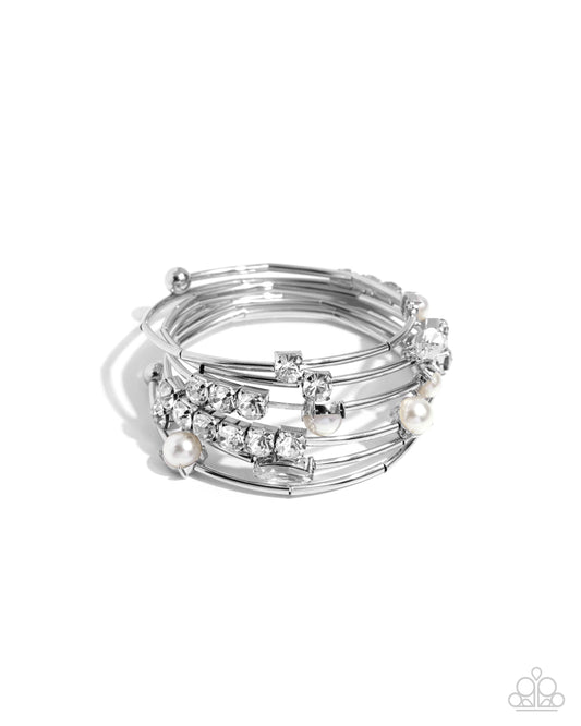 Showtime Sparkle - White Gem, Pearl, Silver Coil Bracelet Paparazzi B0562