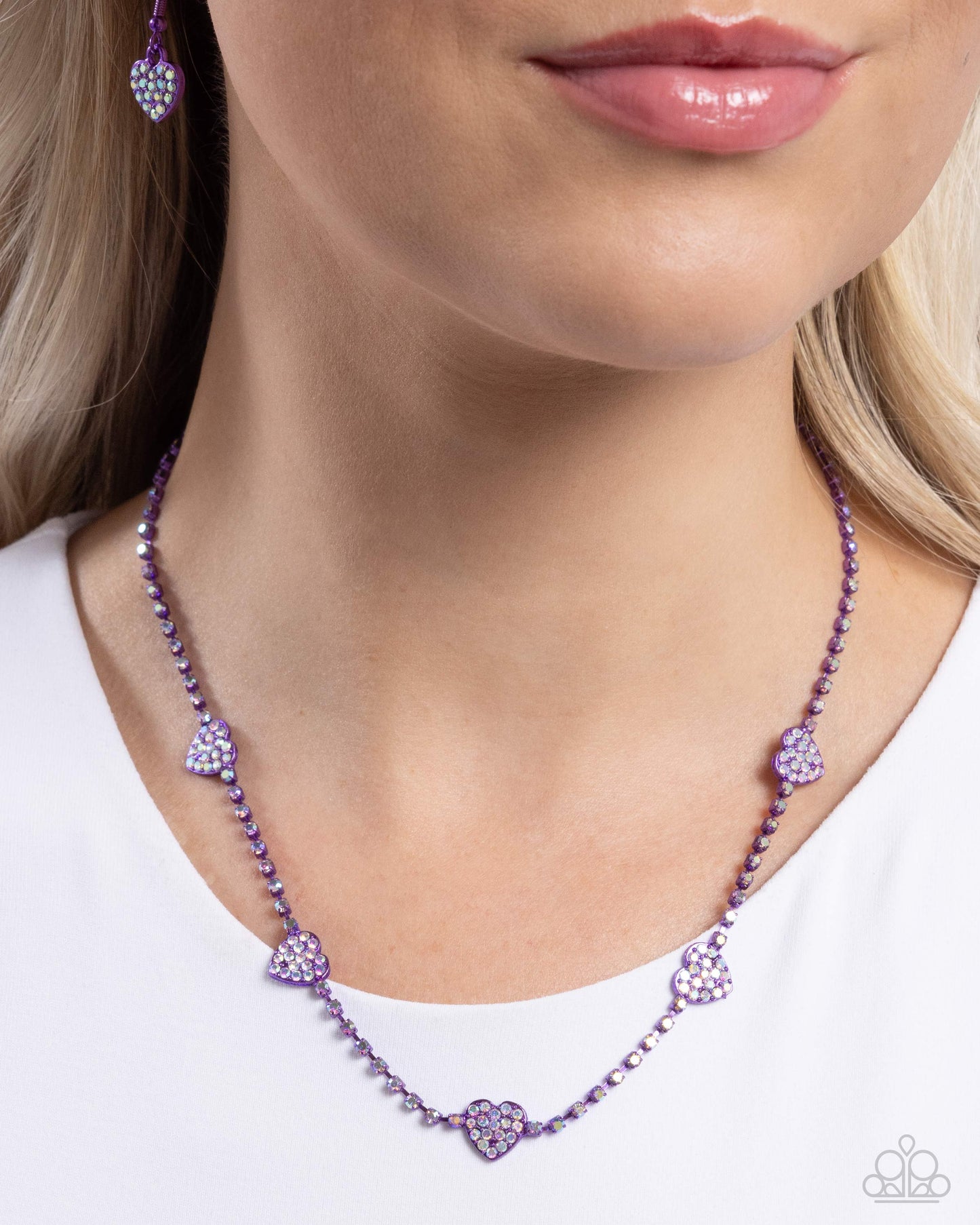 Homecoming Hearts - Purple Metallic Heart White Iridescent Rhinestone Short Necklace Paparazzi N2539