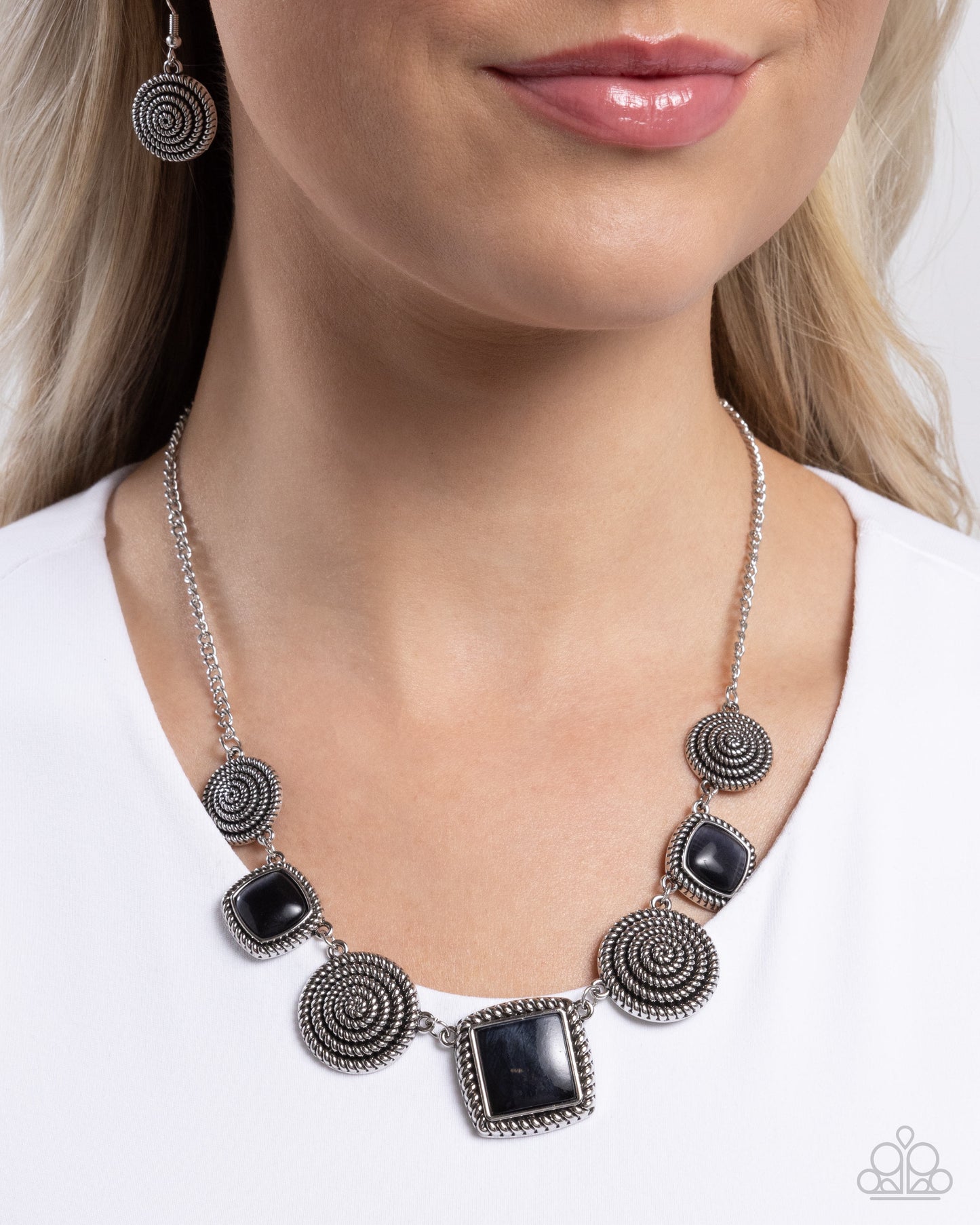 Spiral Sass - Black Cat's Eye Stone Silver Spiral Santa Fe Style Necklace Paparazzi N2741