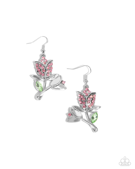 Tulip Tradition - Pink Rhinestone Tulip Earring Paparazzi E2460