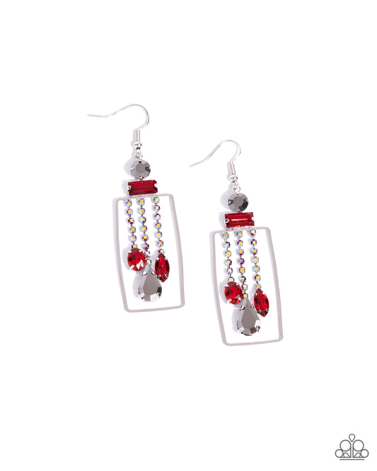 Framed Feature - Red, Hematite & Iridescent Rhinestone Gem Earring Paparazzi E2330