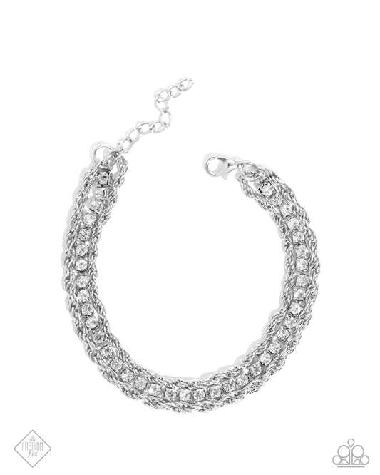 Excessive Empire - White Rhinestone & Silver Bracelet Fiercely 5th Avenue Fashion Fix September 2024 Paparazzi B1944