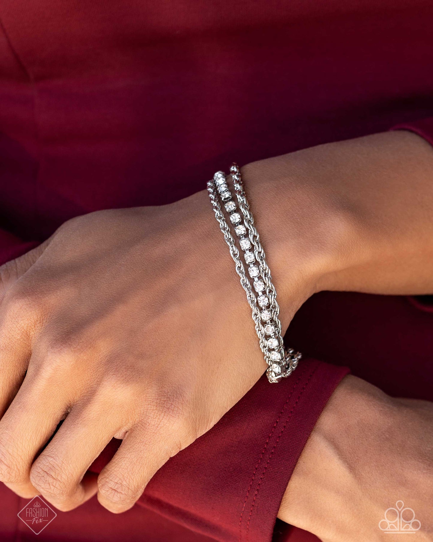 Excessive Empire - White Rhinestone & Silver Bracelet Fiercely 5th Avenue Fashion Fix September 2024 Paparazzi B1944