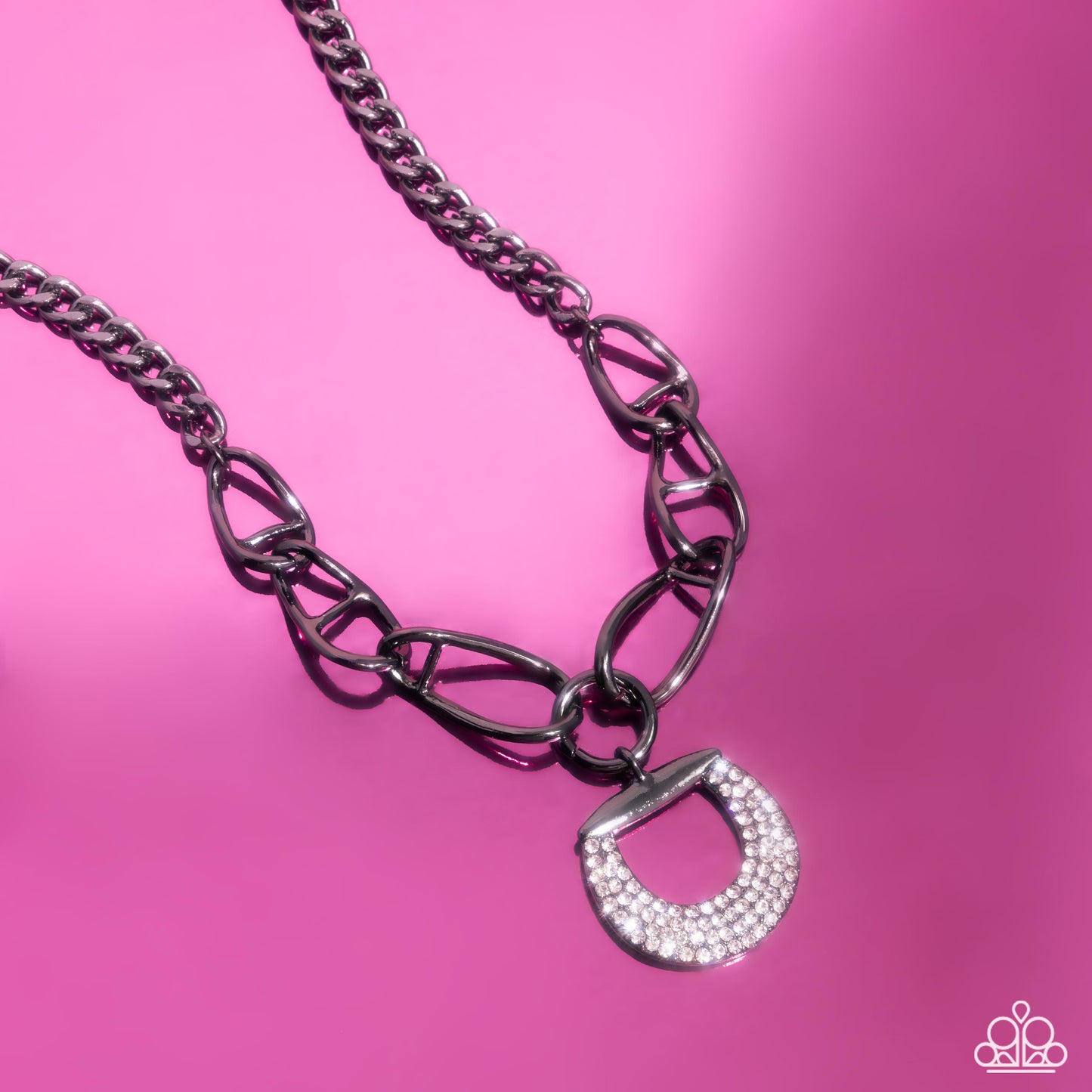 Linked Leader - Black Gunmetal Chain & White Rhinestone Horseshoe Like Necklace Paparazzi N3198