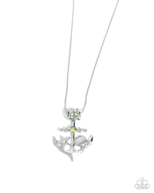 Anchored Accent - Green Iridescent Silver Anchor Necklace Paparazzi N3143