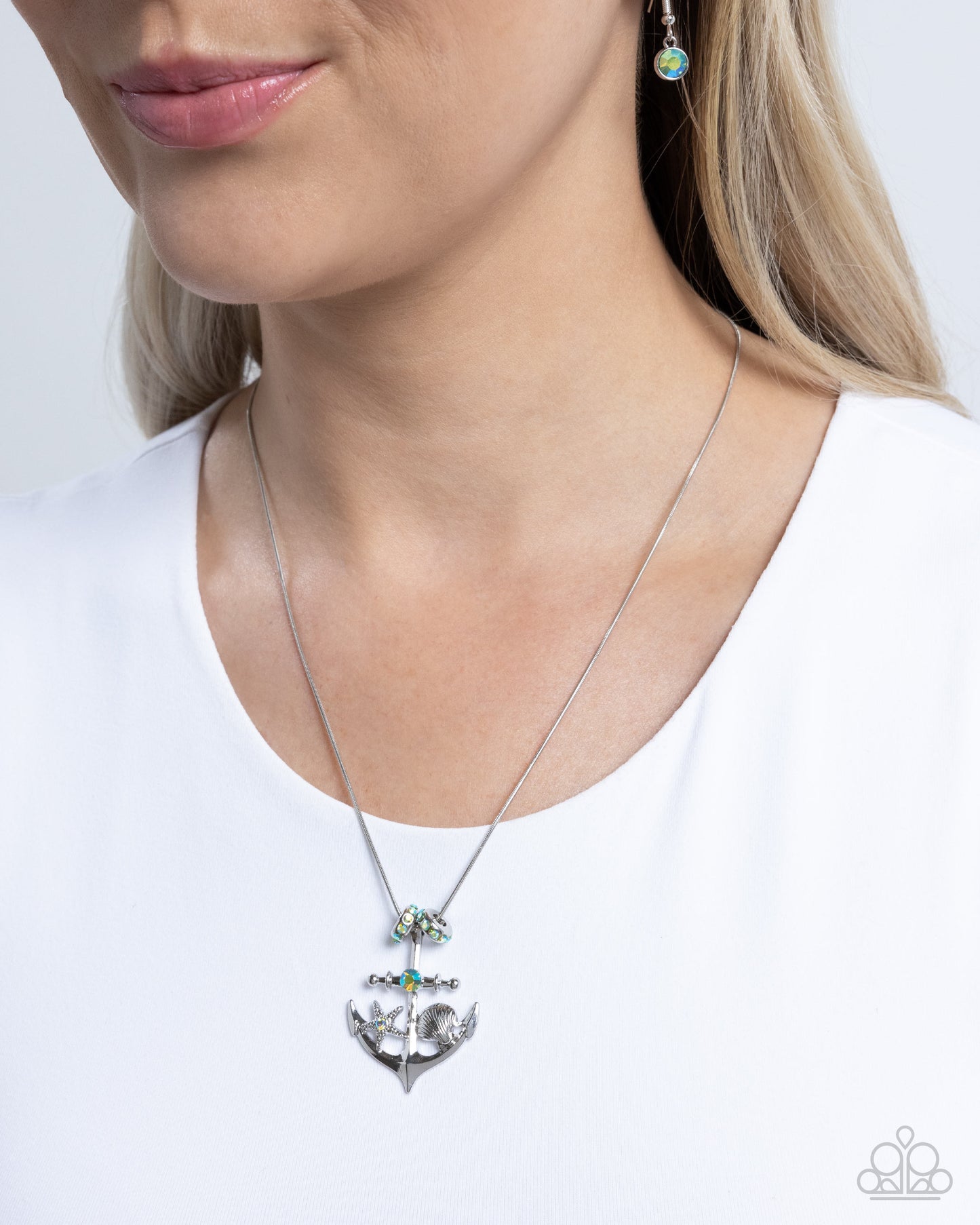 Anchored Accent - Green Iridescent Silver Anchor Necklace Paparazzi N3143