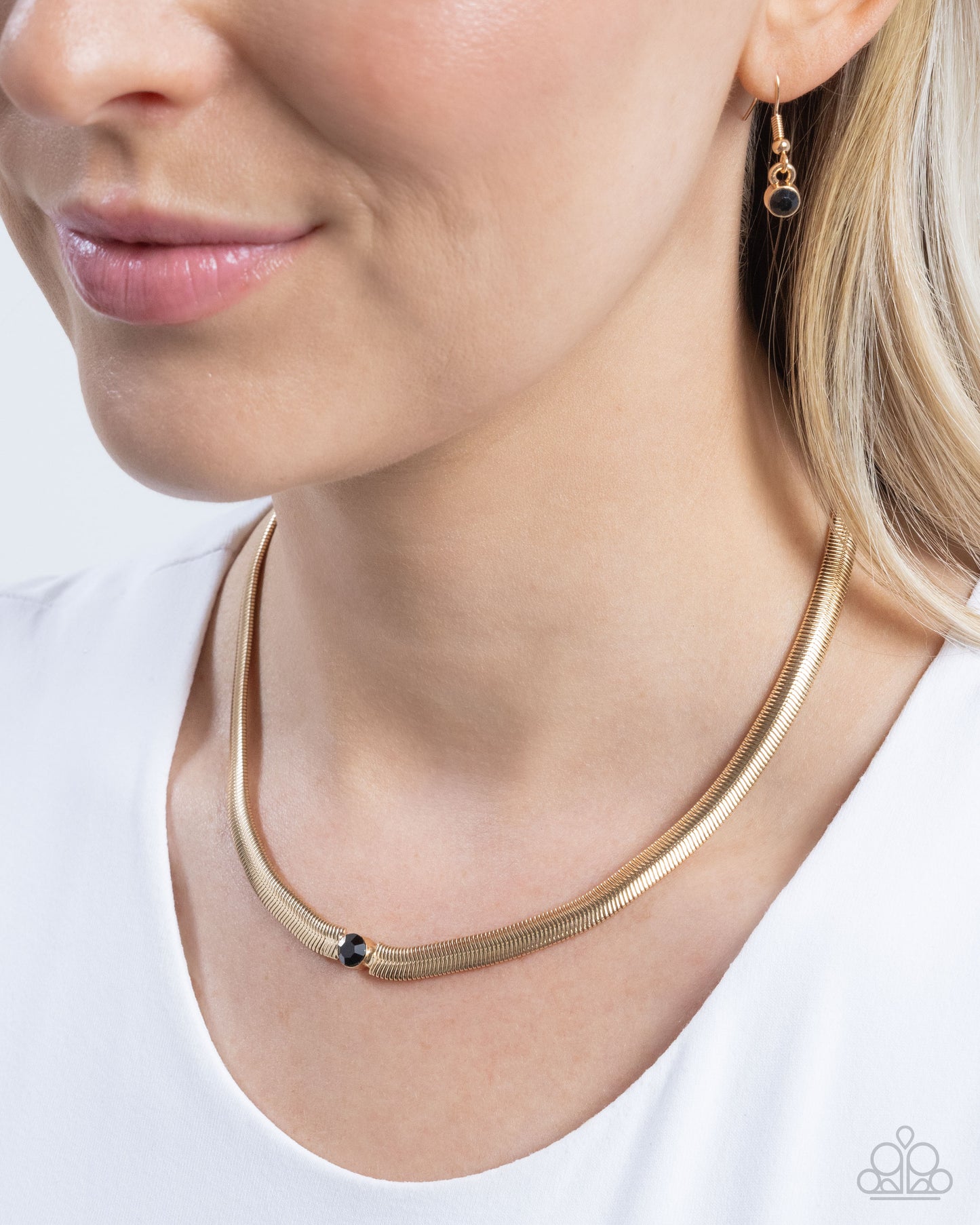 Stunning Solitaire - Black Solitaire Rhinestone Gold Herringbone Chain Necklace Paparazzi N3224
