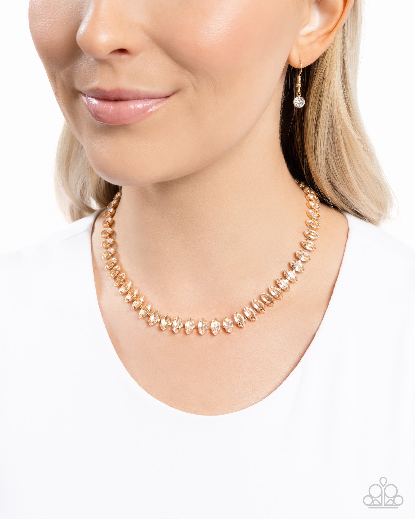 Glittery Genre - Gold & White Rhinestone Gem Short Necklace Paparazzi N2608