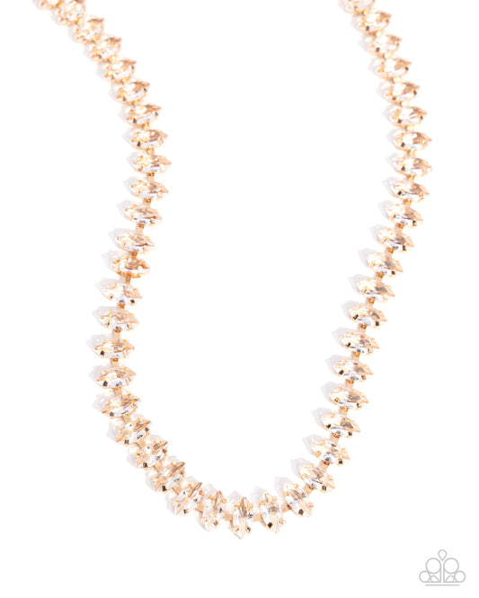 Glittery Genre - Gold & White Rhinestone Gem Short Necklace Paparazzi N2608