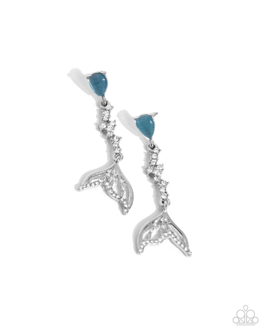Mermaid Motivation - Blue Cat's Eye Stone, White Rhinestone Silver Mermaid Tail Post Earring Paparazzi E2862