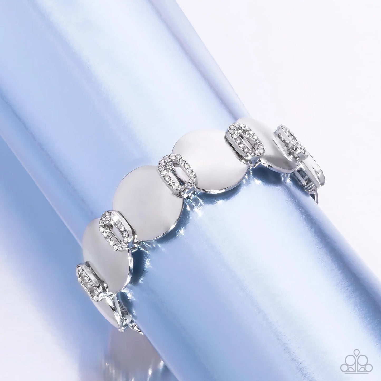 Shimmery Sneak Peek - White Rhinestone Silver Stretch Bracelet Paparazzi B2392