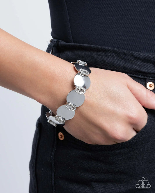 Shimmery Sneak Peek - White Rhinestone Silver Stretch Bracelet Paparazzi B2392