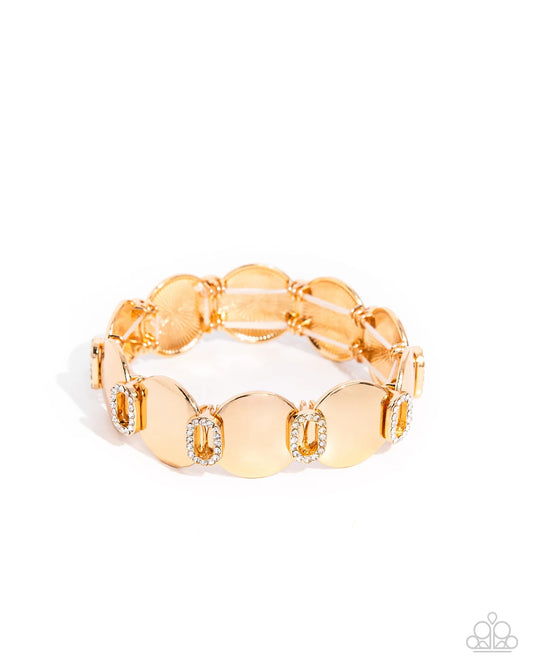 Shimmery Sneak Peek - Gold White Rhinestone Disc Stretch Bracelet Paparazzi B2394