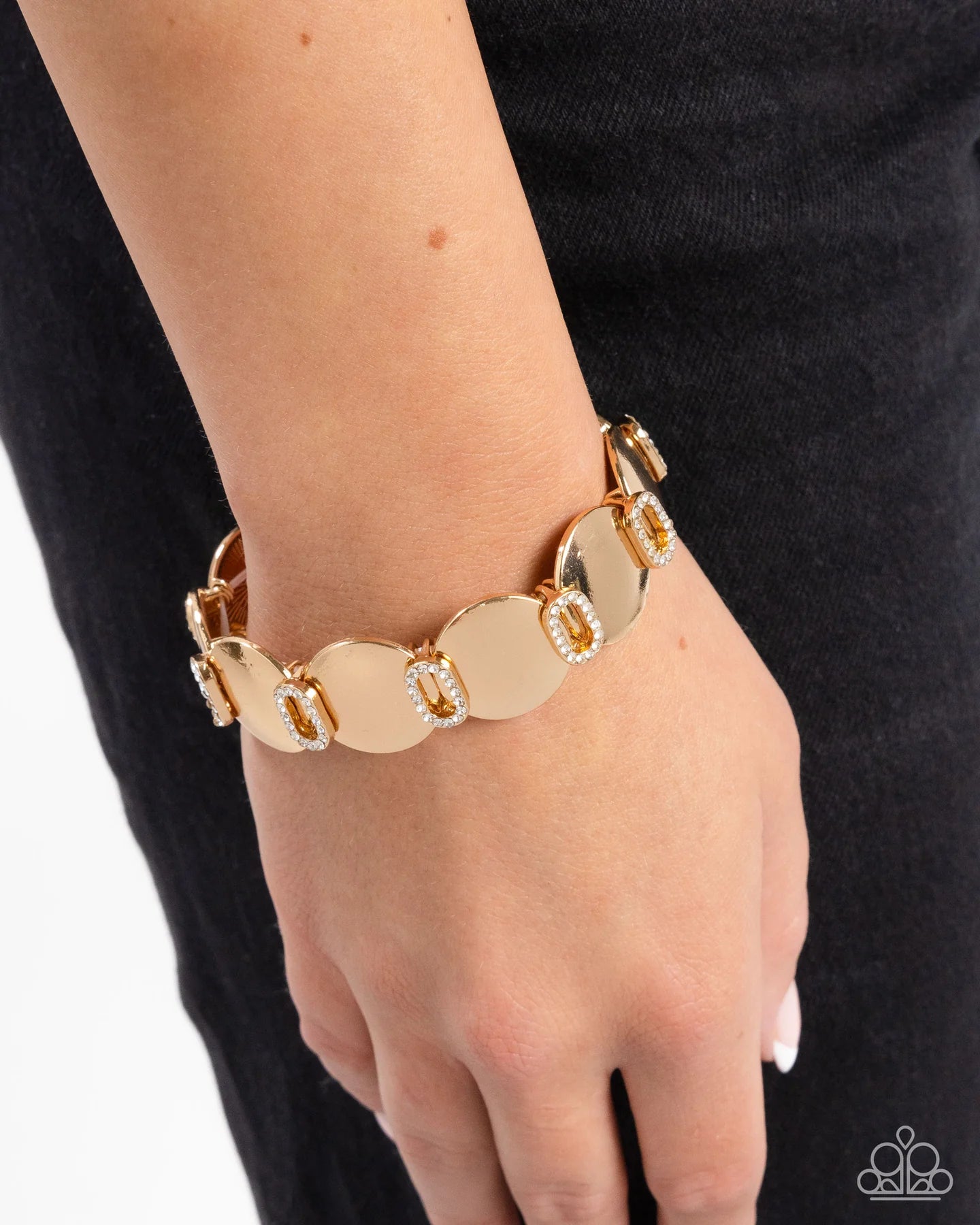 Shimmery Sneak Peek - Gold White Rhinestone Disc Stretch Bracelet Paparazzi B2394