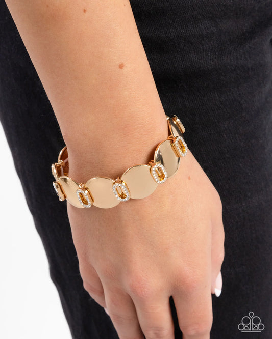 Shimmery Sneak Peek - Gold White Rhinestone Disc Stretch Bracelet Paparazzi B2394