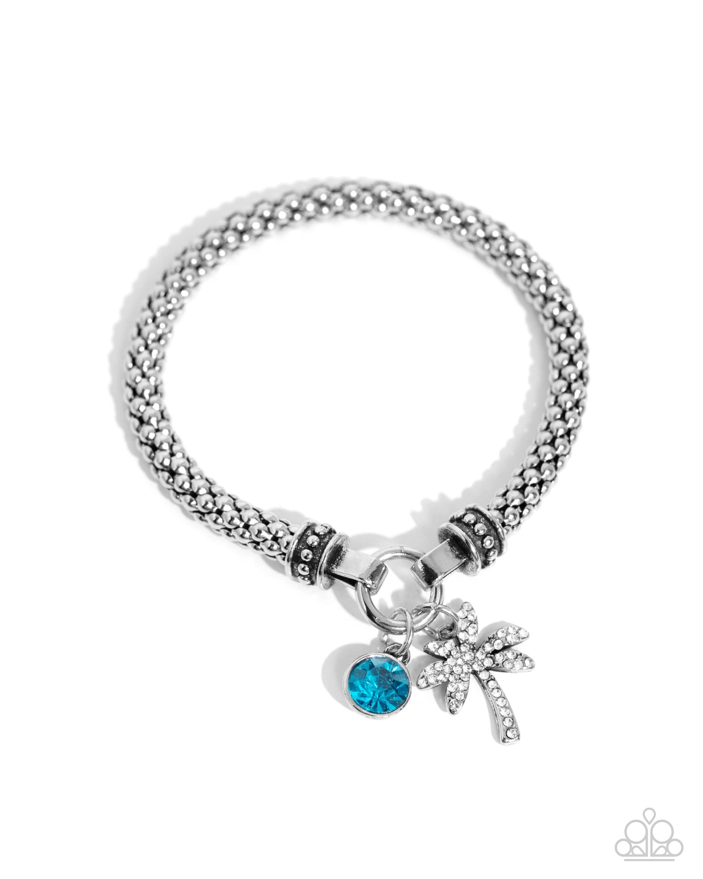 Palm Beach Bling - Blue Zircon Gem Silver Palm Tree Stretch Chain Bracelet Paparazzi B1732