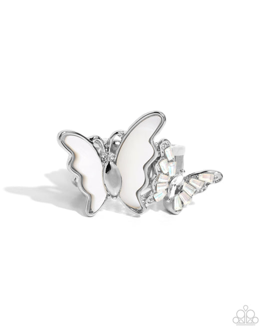 Dueling Decadence - White Shell, Glassy Iridescent Gem & Silver Butterfly Ring Paparazzi R0944