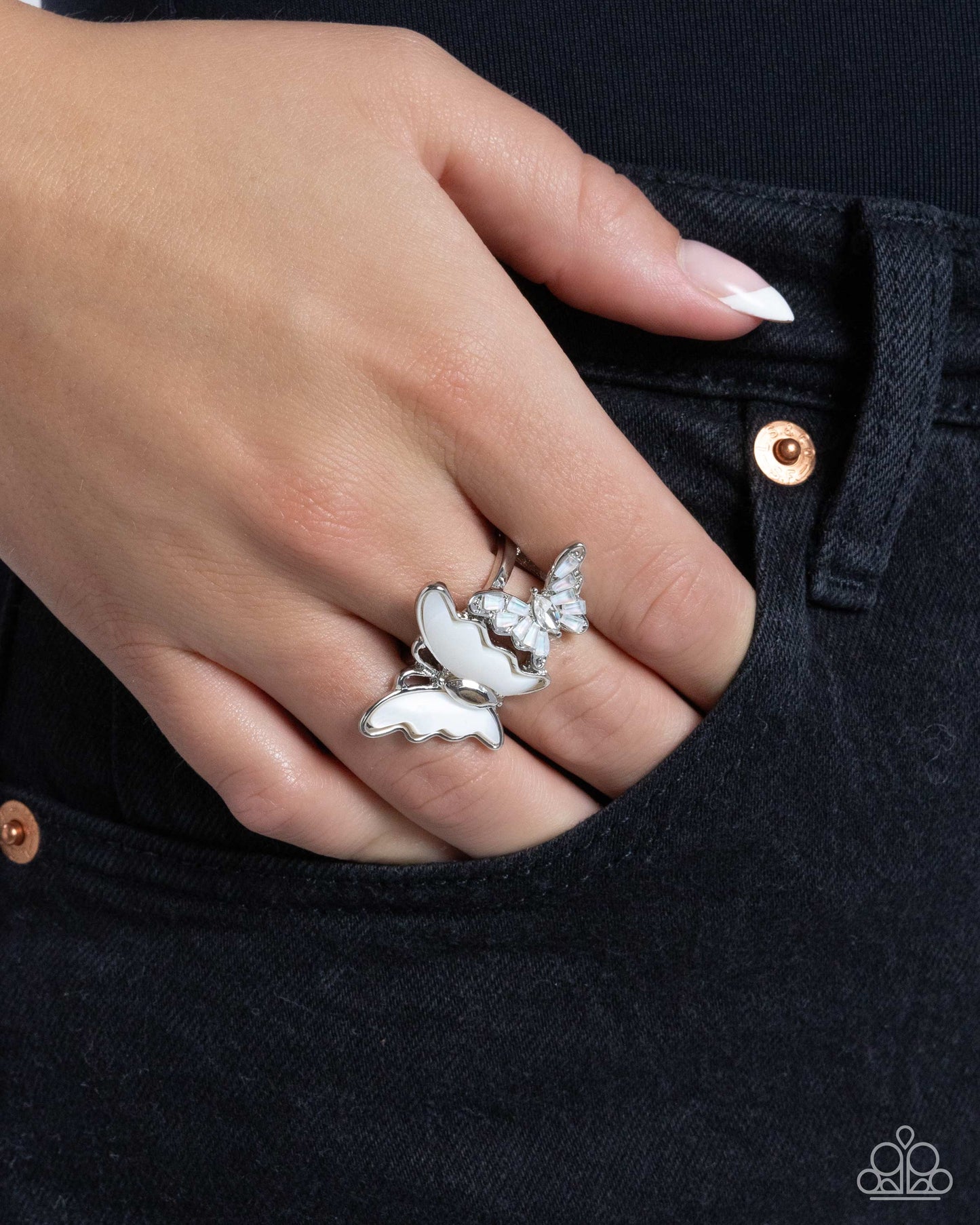 Dueling Decadence - White Shell, Glassy Iridescent Gem & Silver Butterfly Ring Paparazzi R0944